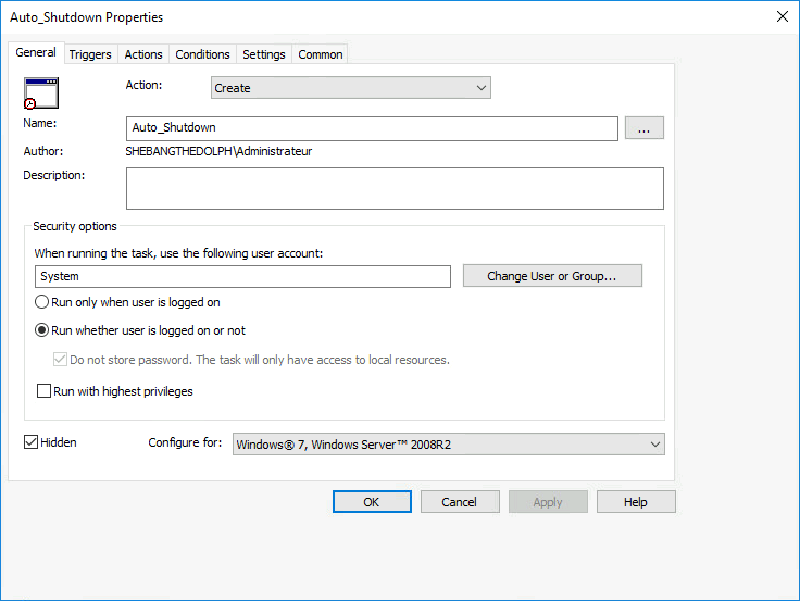 Screenshot of the Auto_Shutdown task properties window with general settings, security options, and user account configuration.