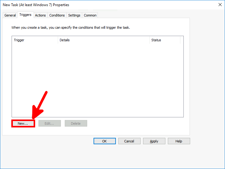 Screenshot of the New Task properties window with the Triggers tab open and the New button highlighted to create a trigger.
