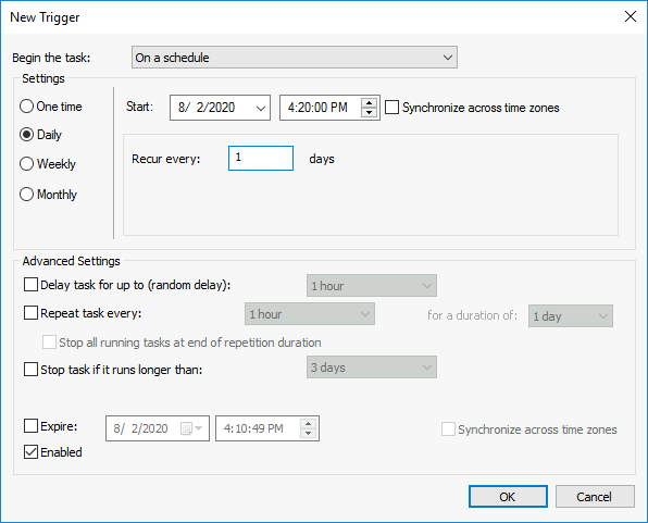 Screenshot of the New Trigger window with a daily schedule set to recur every 1 day at 4:20 PM.