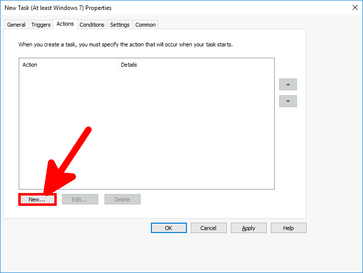 Screenshot of the New Task properties window with the Actions tab open and the New button highlighted to create a new action.