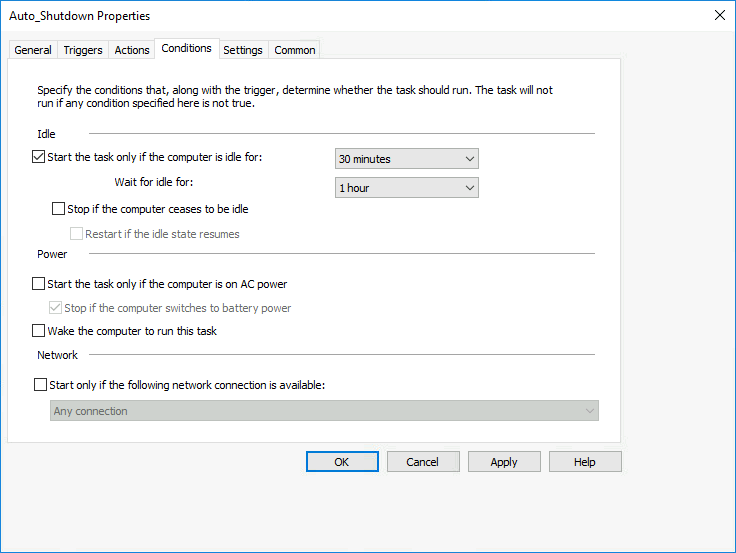 Screenshot of the Auto_Shutdown task properties Conditions tab with options to start the task if the computer is idle for 30 minutes.