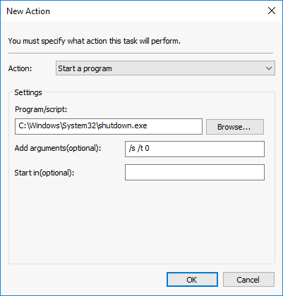 Screenshot of the New Action window with the shutdown.exe program configured to shut down the computer using the /s /t 0 argument.