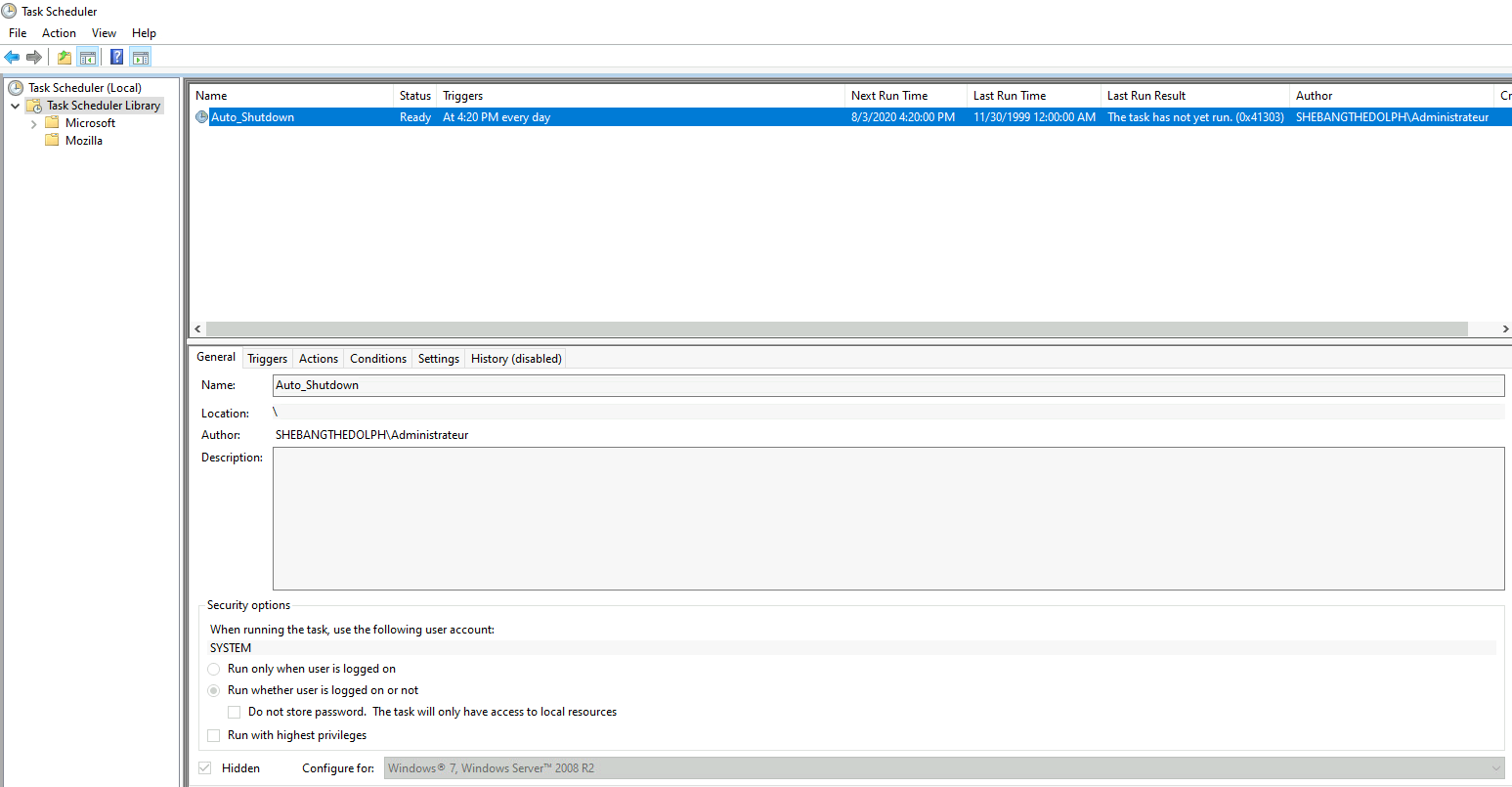 Screenshot of Task Scheduler showing the Auto_Shutdown task with details such as status, triggers, and security options configured.