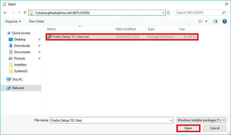 Open dialog selecting Firefox MSI setup file from Netlogon share