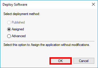 Deploy Software dialog with Assigned deployment method selected