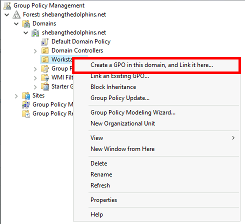 Screenshot of Group Policy Management showing the option to create and link a new GPO in the domain.