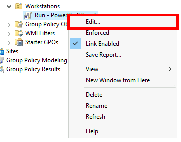 Screenshot of the context menu in Group Policy Management with the 'Edit' option highlighted for the 'Run - PowerShell Script' GPO.