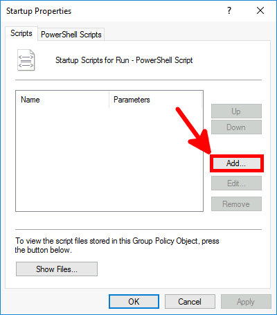 Screenshot of the Startup Properties dialog box with an arrow pointing to the 'Add' button for adding a new script.