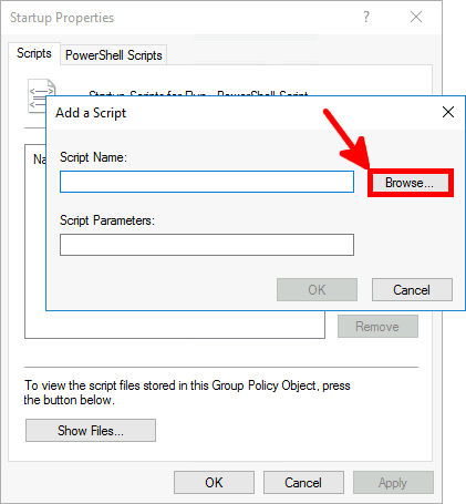Screenshot of the Add a Script dialog box with an arrow pointing to the 'Browse' button for selecting a script.