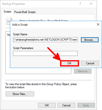 Screenshot of the Add a Script dialog box with an arrow pointing to the 'OK' button to confirm the script path.