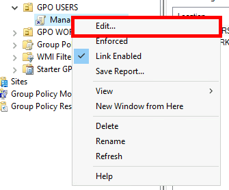 Screenshot of the context menu in Group Policy Management with the 'Edit' option highlighted for a selected GPO.