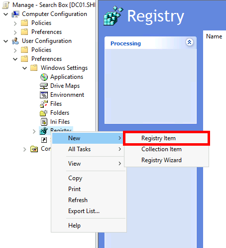 Screenshot of Group Policy Management showing the option to create a new Registry Item under User Configuration preferences.