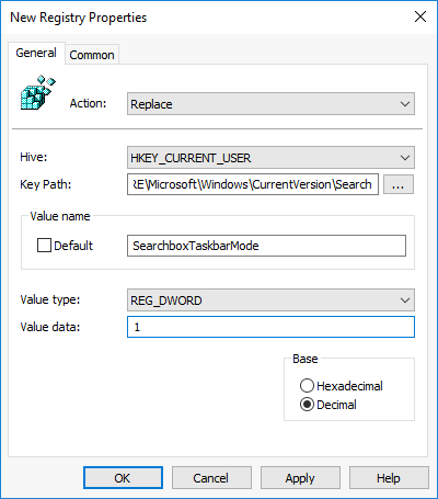 Screenshot of the New Registry Properties dialog in Group Policy, configuring the SearchboxTaskbarMode registry setting.