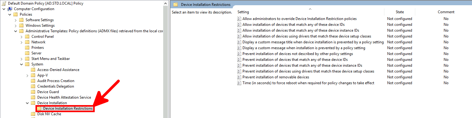 Screenshot of Group Policy editor showing Device Installation Restrictions settings under the Default Domain Policy.