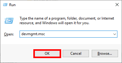 Screenshot of the Windows Run dialog with 'devmgmt.msc' entered in the Open field and the OK button highlighted.