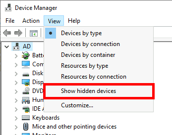 Screenshot of Device Manager with the View menu open and 'Show hidden devices' option highlighted.