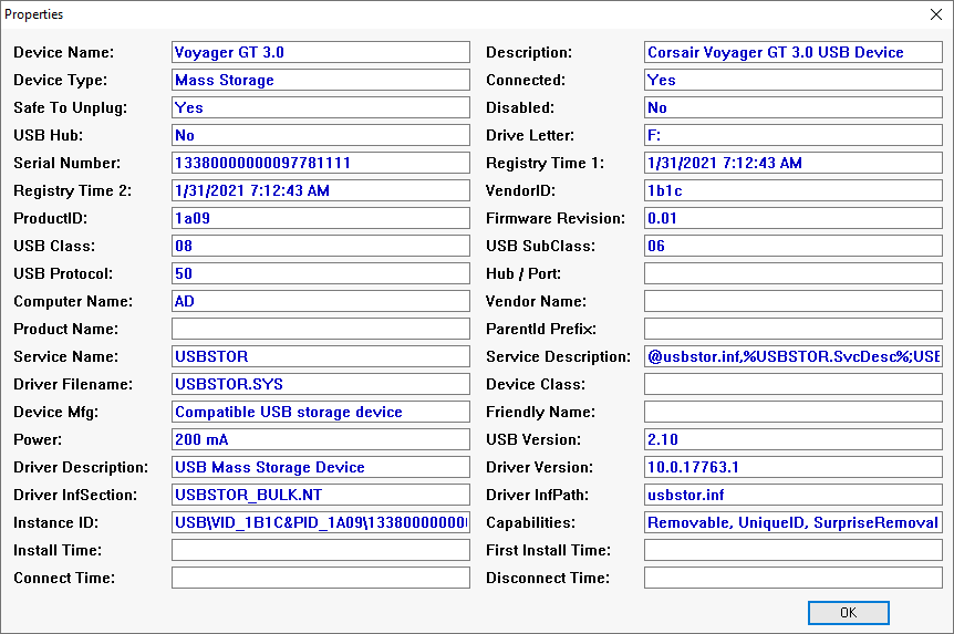 Screenshot of USBDeview showing detailed properties of a Voyager GT 3.0 USB device, including serial number, vendor ID, product ID, and driver details.