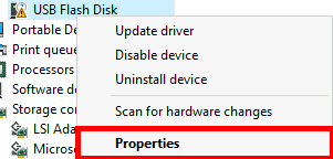 Screenshot of device manager showing context menu for a USB Flash Disk with the 'Properties' option highlighted.