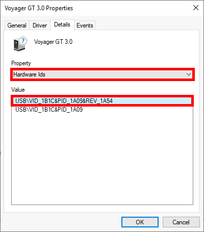 Screenshot of USB device properties window showing hardware IDs under the 'Details' tab for a Voyager GT 3.0 device.