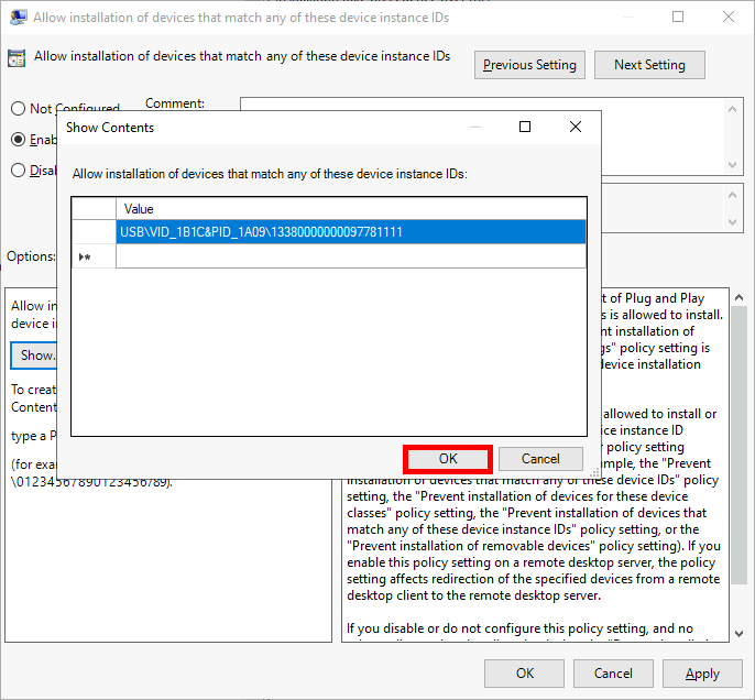 Screenshot of Group Policy editor with 'Allow installation of devices that match any of these device instance IDs' window open, showing a specific USB instance ID and the OK button highlighted.