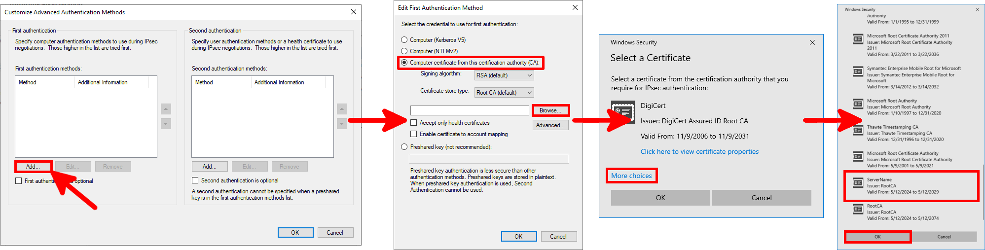 New Connection Security Rule Wizard window, the three steps to set the certificate