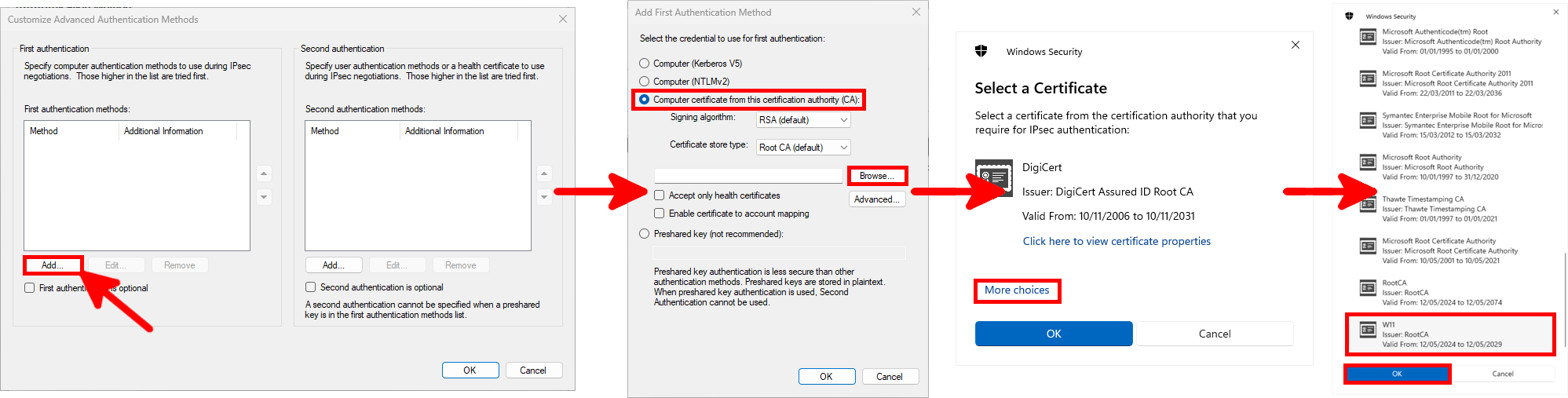 New Connection Security Rule Wizard window, the three steps to set the Preshared key