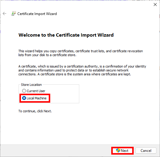 Certificate Import Wizard, Welcome to the Certificate Import Wizard Step