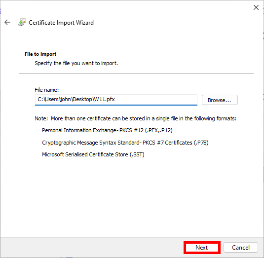 Certificate Import Wizard, File to Import Step