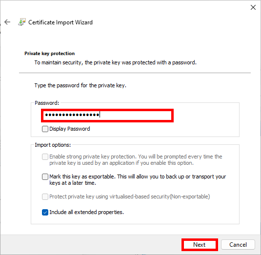 Certificate Import Wizard, Private Key Protection Step