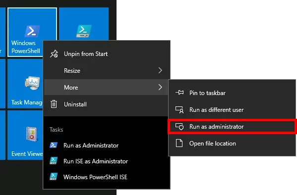 Context menu showing the option to run PowerShell as administrator on Windows.