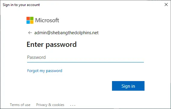 Microsoft sign-in screen prompting the user to enter the password for the administrator account.