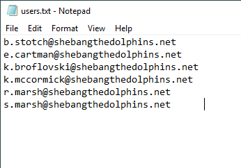 Notepad showing a list of user email addresses from the domain shebangthedolphins.net