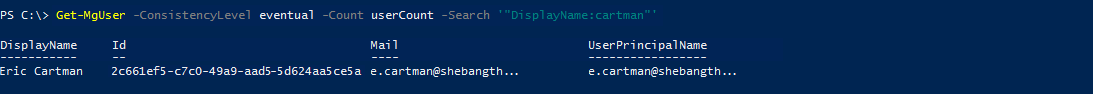 PowerShell command Get-MgUser displaying search results for a specific user