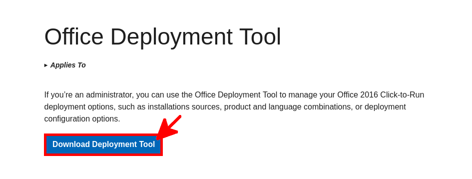 Microsoft Office Deployment Tool download page showing the Download Deployment Tool button