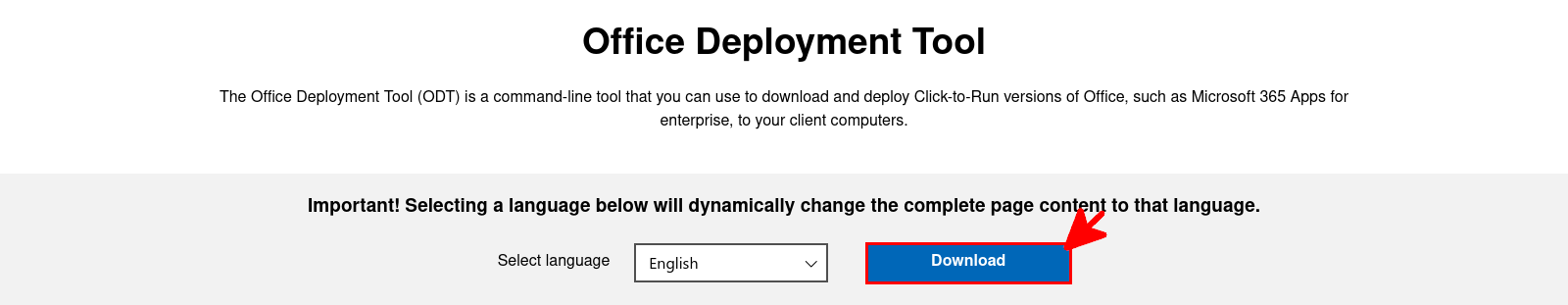 Office Deployment Tool download page showing the language selection menu and Download button