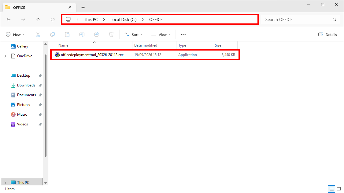 Windows File Explorer showing the Office Deployment Tool executable inside the C:\OFFICE folder