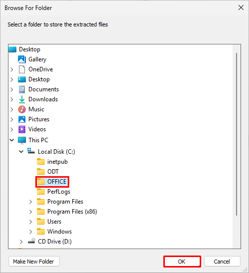 Office Deployment Tool Browse For Folder window with the C:\OFFICE folder selected and the OK button highlighted