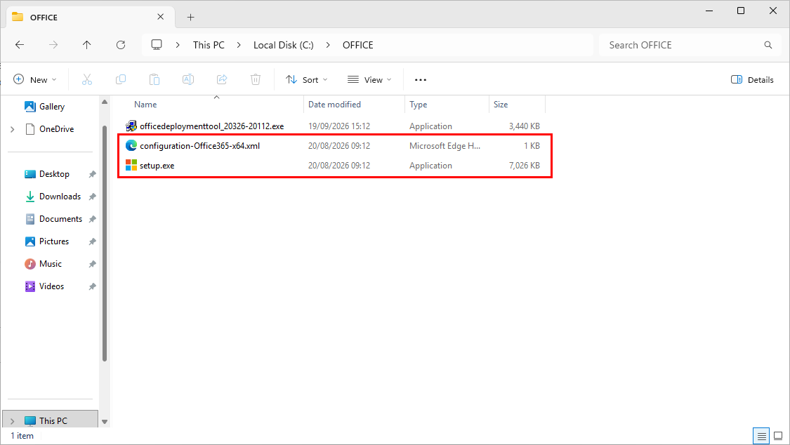 Windows File Explorer showing setup.exe and an XML configuration file extracted in the C:\OFFICE folder