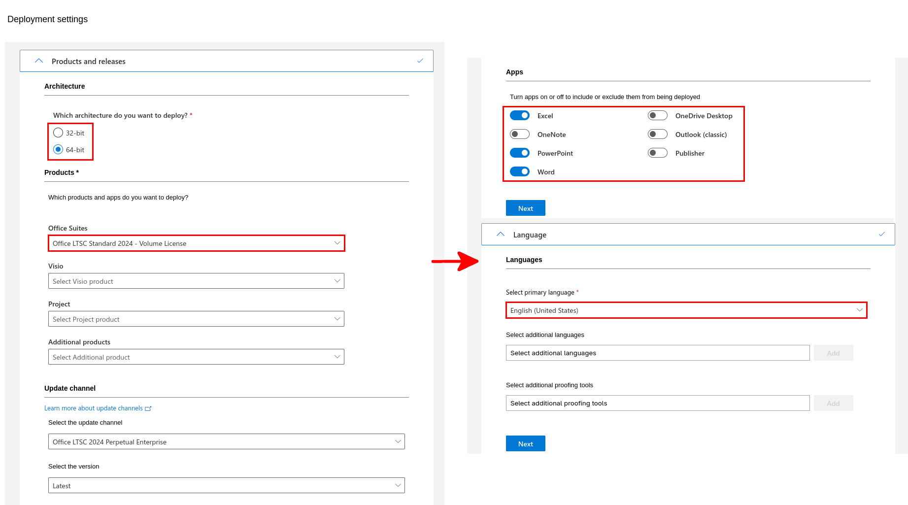Microsoft Office Customization Tool showing deployment settings for architecture, product selection, apps, and language