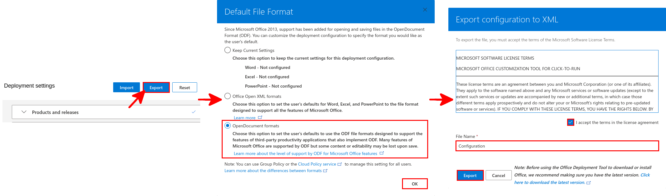 Microsoft Office Customization Tool showing the Export button, default file format selection, license agreement checkbox, and XML file export options