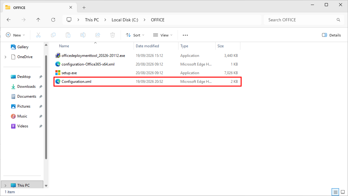 Windows File Explorer showing the generated Configuration.xml file copied to the C:\OFFICE folder