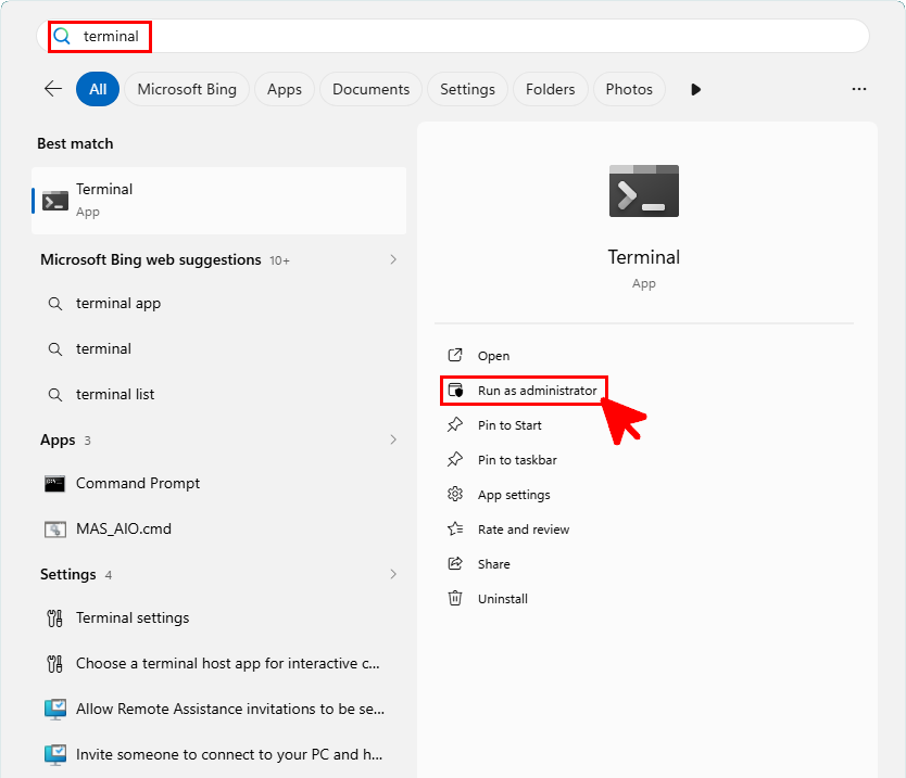 Windows search results showing the Terminal app with the Run as administrator option highlighted