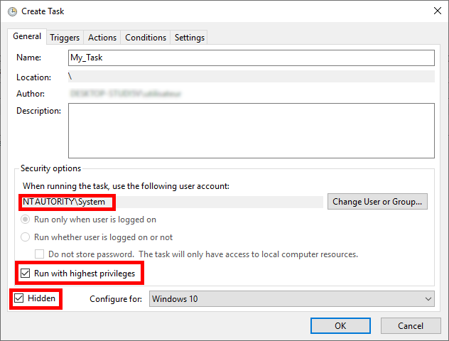 Configuring a task in Task Scheduler with NT AUTHORITY System, highest privileges, and hidden options