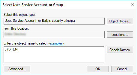 Selecting the SYSTEM account in the Windows Task Scheduler for task configuration