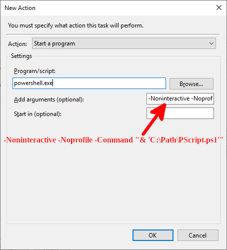 Configuring a PowerShell script action in the Windows Task Scheduler