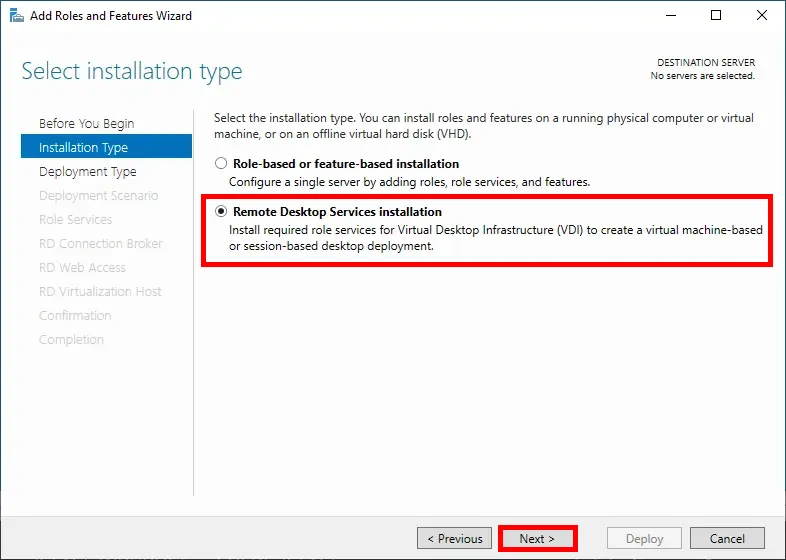 Screenshot of the Add Roles and Features Wizard, showing the selection of the Remote Desktop Services installation type, with the 'Next' button highlighted.