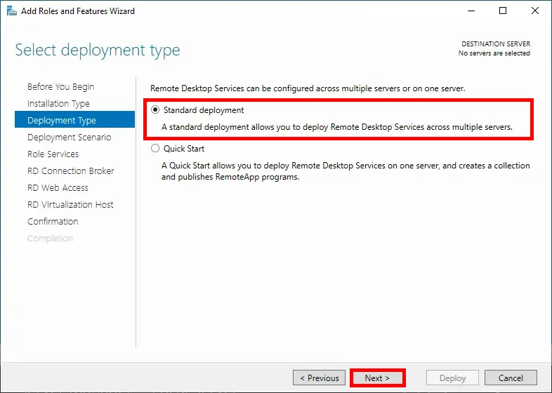 Screenshot of the Add Roles and Features Wizard, showing the selection of the standard deployment type for Remote Desktop Services, with the 'Next' button highlighted.