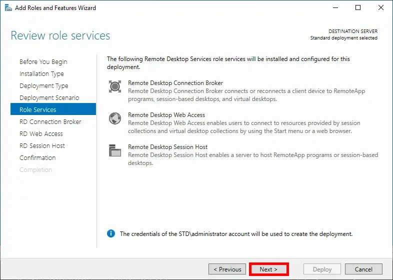 Screenshot of the Add Roles and Features Wizard, showing a review of selected role services for Remote Desktop Services, with the 'Next' button highlighted.