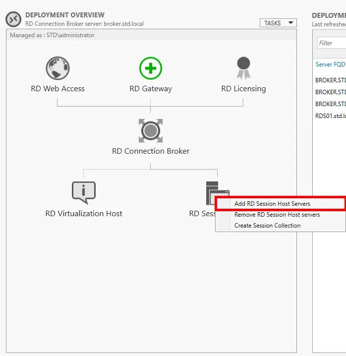 Screenshot of the Remote Desktop Services deployment overview, showing the option to add session host servers highlighted.