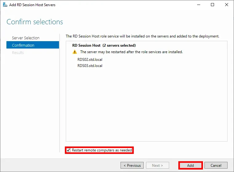 Screenshot of the Add Session Host Wizard for Remote Desktop Services, showing the confirmation of selected servers RDS02 and RDS03 with the option to restart remote computers if necessary, and the 'Add' button highlighted.